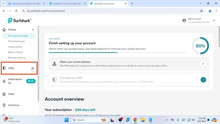 click the down arrow next to vpn
