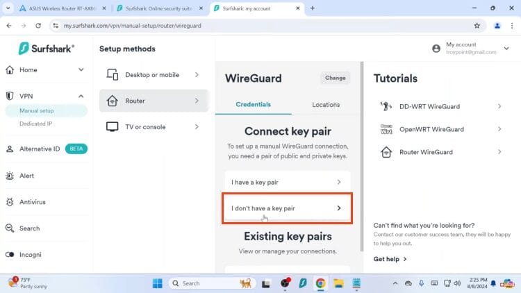 choose I don't have a key pair for VPN on router