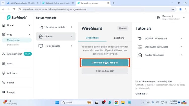 choose generate a new key pair