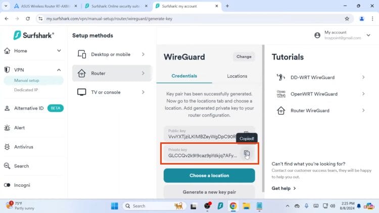 select the private key and copy this