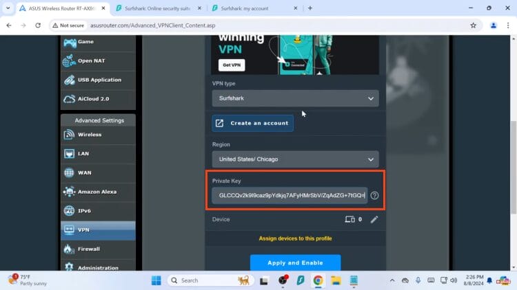 return to the control panel and paste the private key.