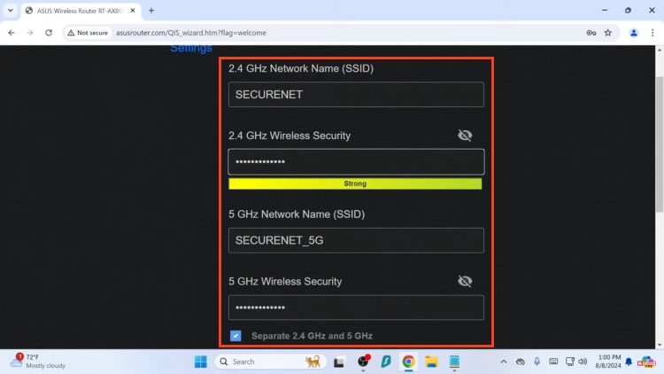 enter network name and password