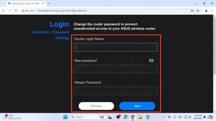 enter router name and password