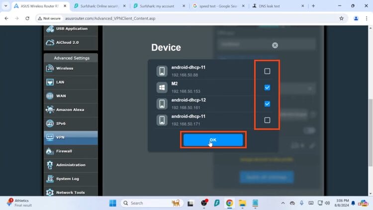 check devices you want routed through VPN on router