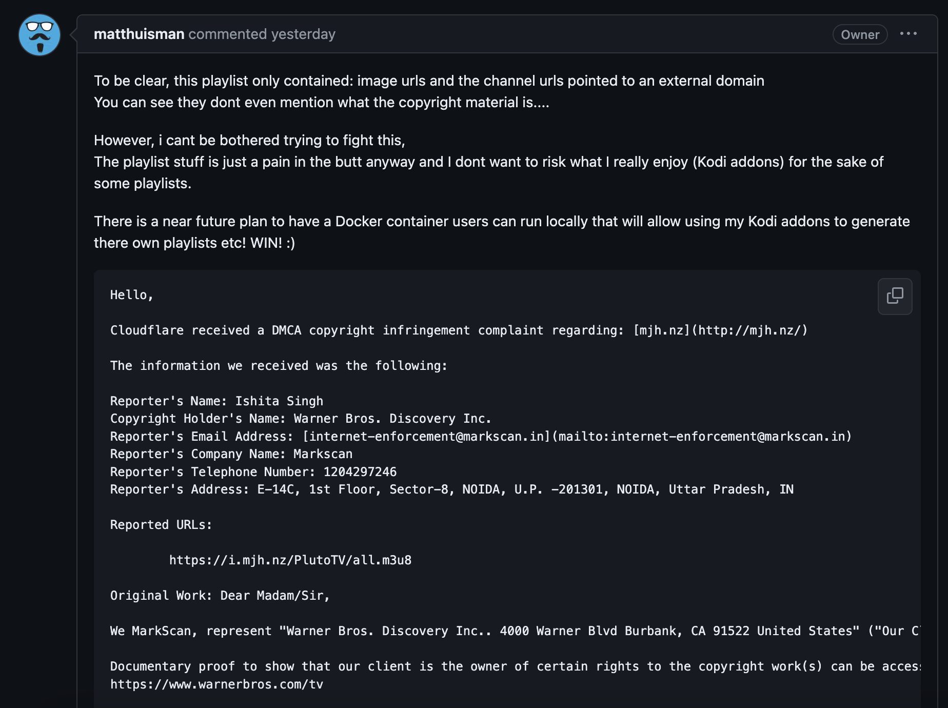 Developer Response on Github