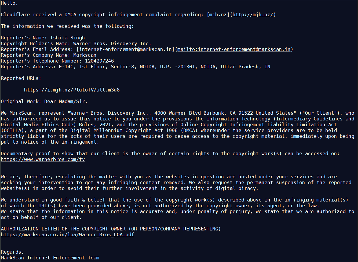 Cloudflare DMCA copyright infringement complaint