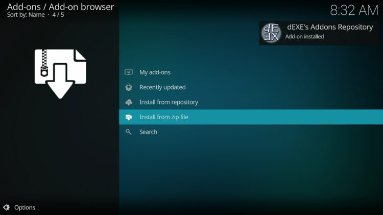 Wait for the "dEXE's Addons Repository installed" message to appear