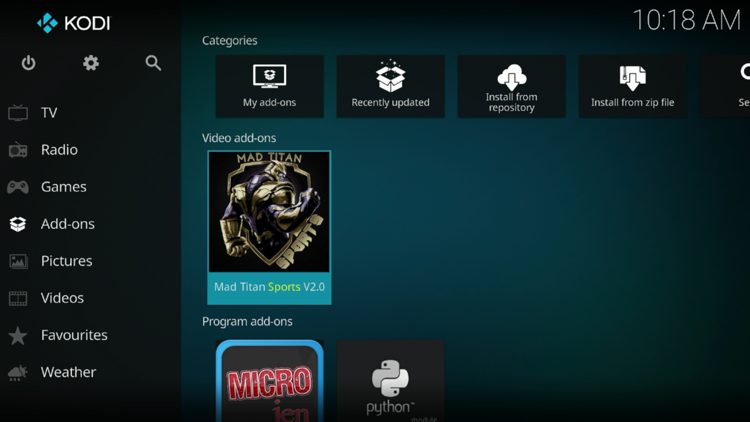 Return back to the home screen of Kodi and hover over Add-ons. Then choose Mad Titan Sports.