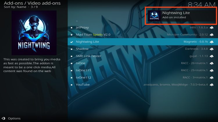 nightwing lite addon installed message