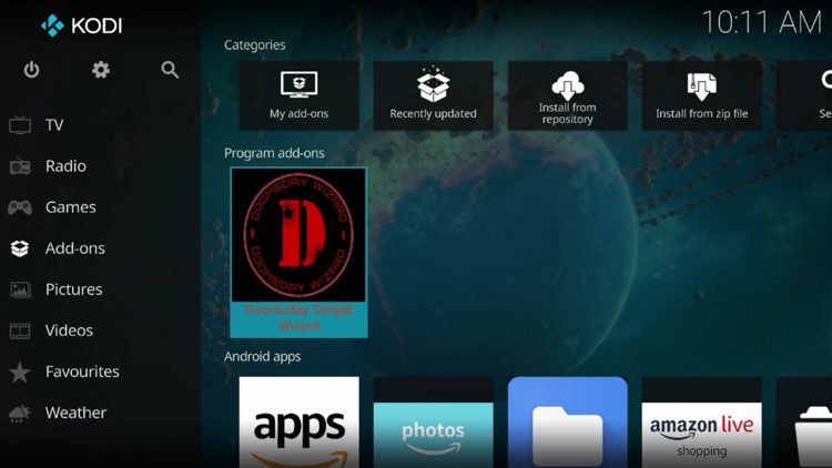 Return back to the home screen of Kodi, hover over Add-ons and click Doomzday Simple Wizard under Program add-ons.