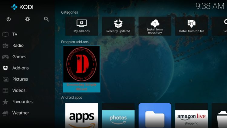 Return back to the home screen of Kodi, hover over Add-ons and click Doomzday Simple Wizard under Program add-ons.