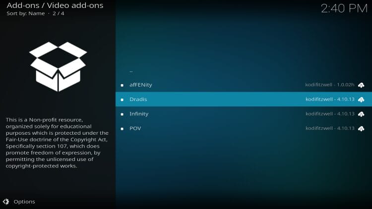 select dradis kodi addon
