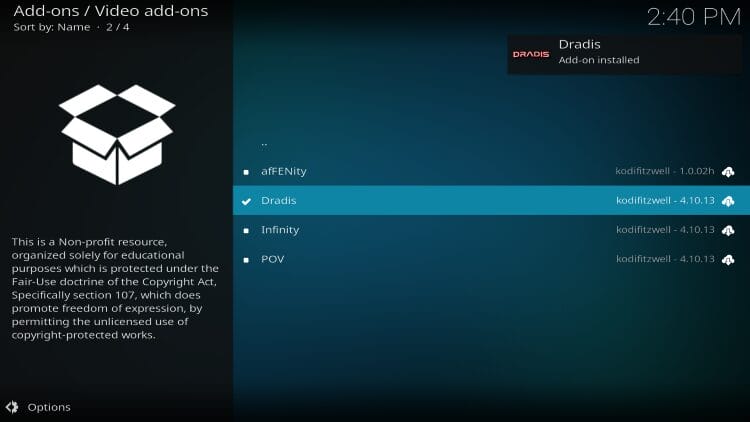 dradis kodi addon installed message