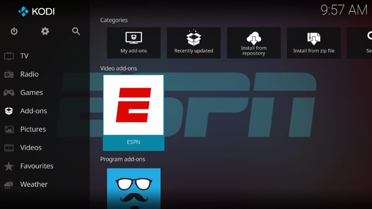 Return to the home screen of Kodi then hover over Add-ons. Select ESPN.