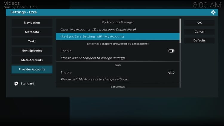 under provider accounts click sync ezra settings