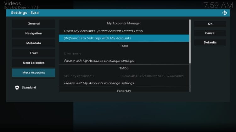 meta accounts, choose sync ezra