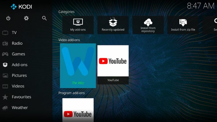 Then go back to the Home screen of Kodi and select Add-ons, then choose The Wizz