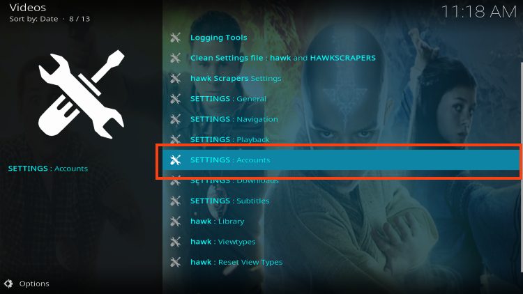 select SETTINGS: Accounts for add debrid to hawk kodi addon