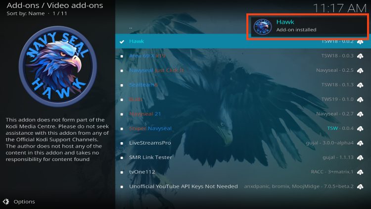 hawk kodi addon installed message