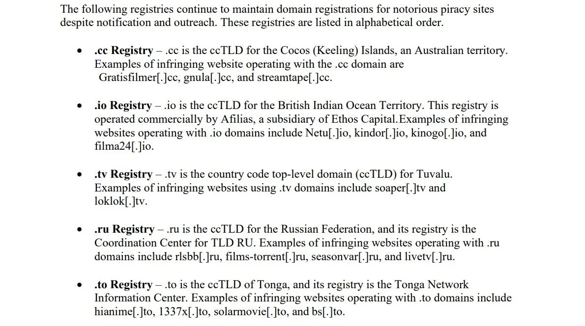 MPA Piracy Report Domain Registries