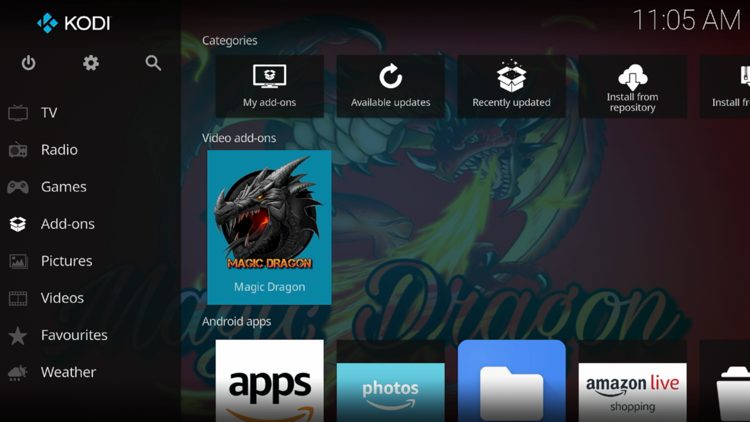 Then go back to the Home screen of Kodi and select Add-ons, then choose Magic Dragon