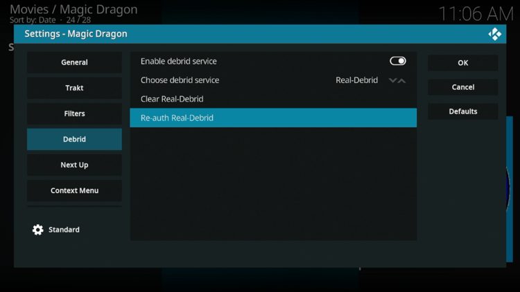 Hover over Debrid and select Re-auth Real-Debrid.