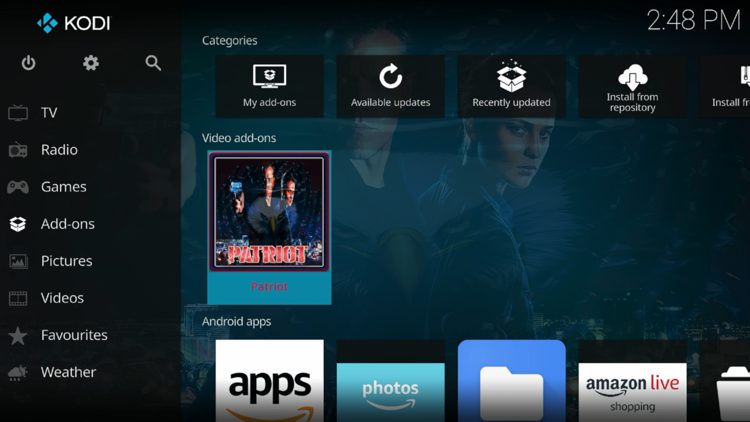 Then go back to the Home screen of Kodi and select Add-ons, then choose Patriot