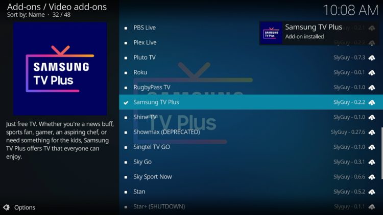 Wait for the "Samsung TV Plus Add-on installed" message to appear