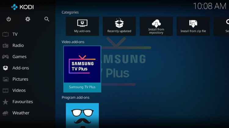 Return back to the home screen of Kodi and hover over Add-ons. Then select Samsung TV Plus.