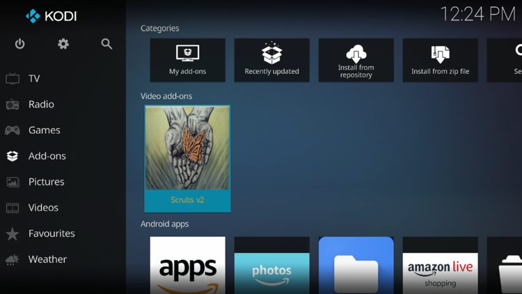 Then go back to the Home screen of Kodi and select Add-ons, then choose Scrubs V2