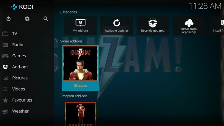 Then go back to the Home screen of Kodi and select Add-ons, then choose Shazam