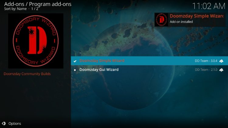 The wizard add-on installed message will now display in the upper right-hand corner.