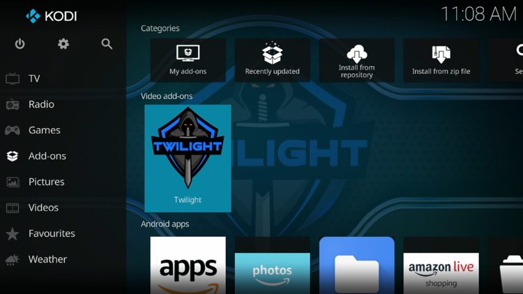 Then go back to the Home screen of Kodi and select Add-ons, then choose Twilight