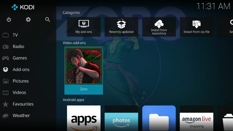 Then go back to the Home screen of Kodi and select Add-ons, then choose Zoro
