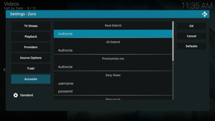 Hover over Accounts and click Authorize under Real-Debrid.