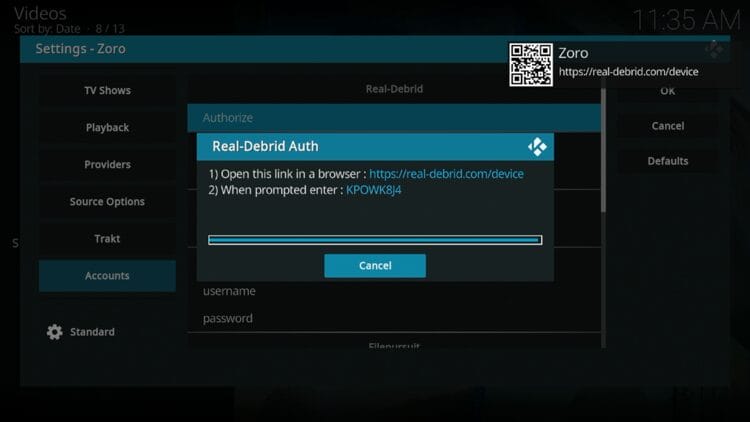 You are then provided with a real-debrid authorization code.