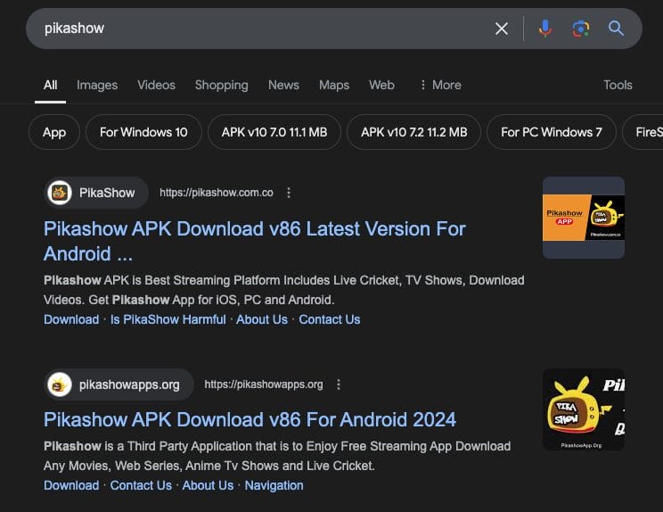 PikaShow on Search Engines