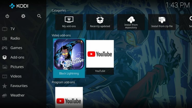 Then go back to the Home screen of Kodi and select Add-ons, then choose Black Lightning