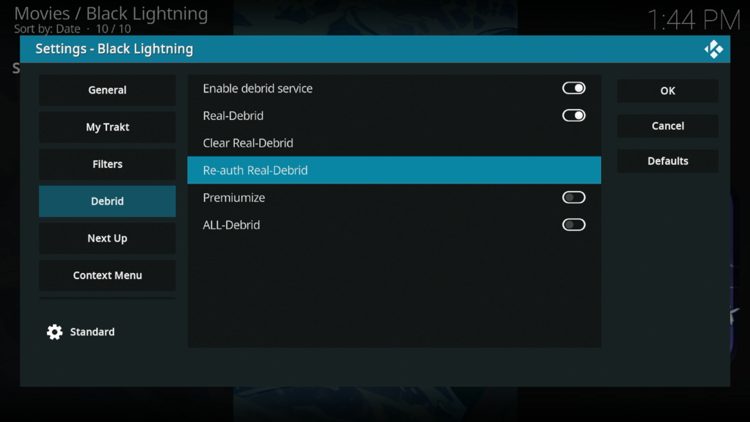 Hover over Debrid and select Re-auth Real-Debrid