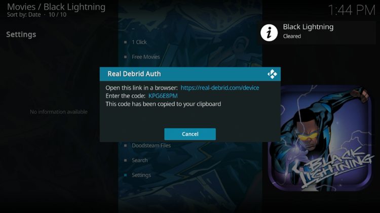 You are then provided with a real-debrid authorization code.