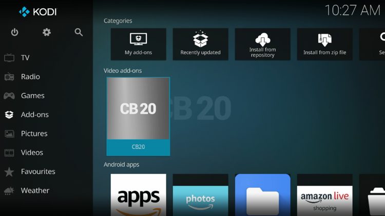 Then go back to the Home screen of Kodi and select Add-ons, then choose CB20.