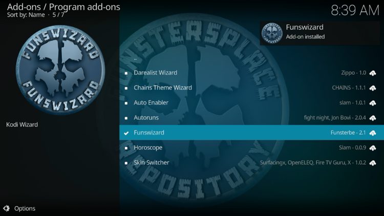 The wizard add-on installed message will now display in the upper right-hand corner.