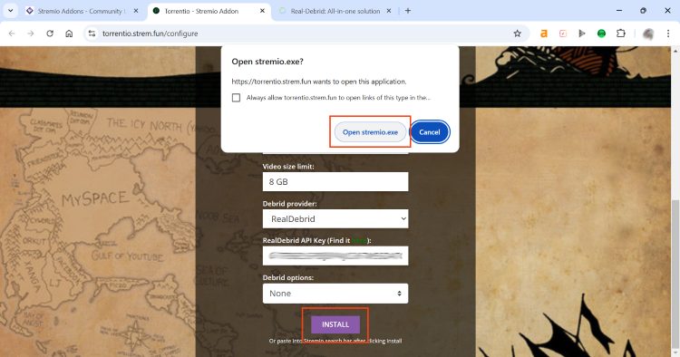 click install torrentio and select open