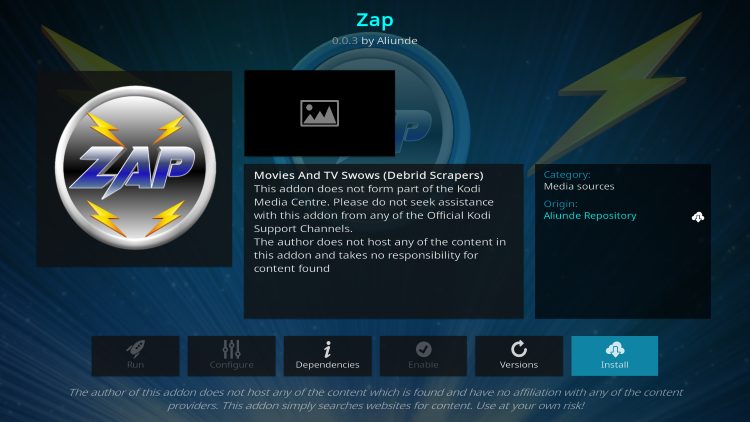 select install for zap kodi addon