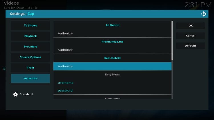 click authorize for real debrid or other provider