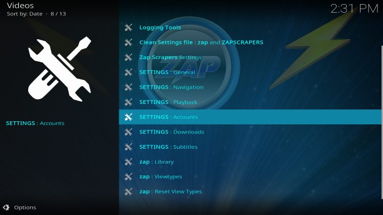 select settings: accounts