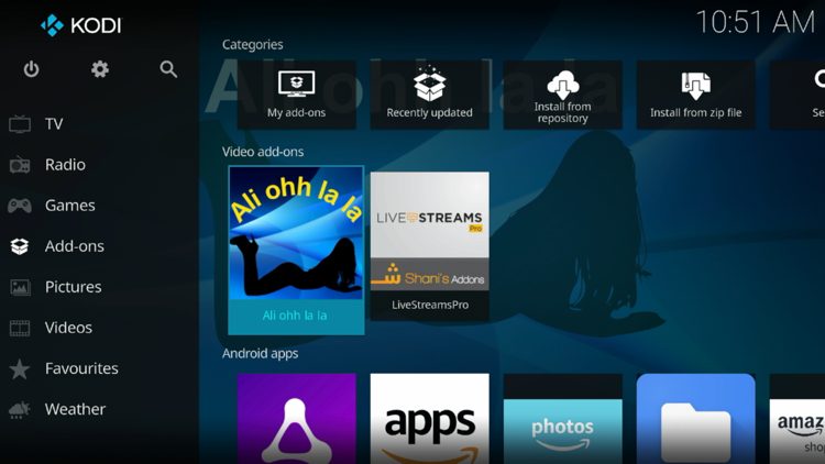 Then go back to the Home screen of Kodi and select Add-ons, then choose Ali ohh la la.