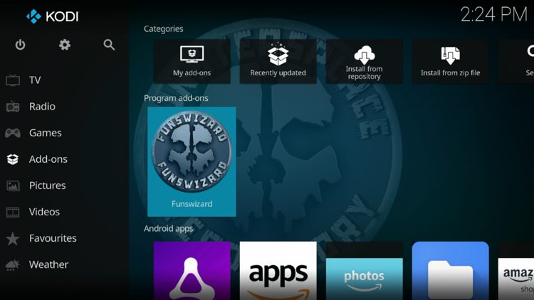 Return back to the home screen of Kodi, hover over Add-ons and click Funswizard under Program add-ons.