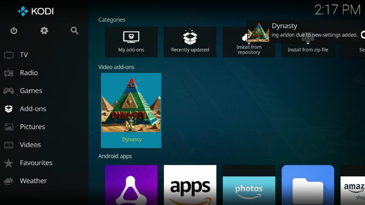 Then go back to the Home screen of Kodi and select Add-ons, then choose Dynasty