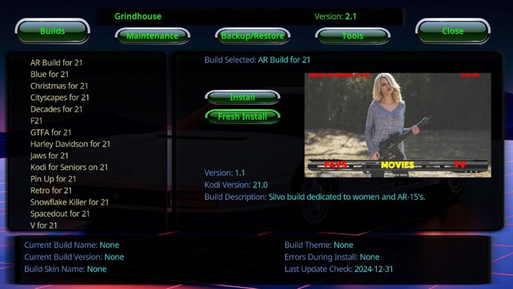 Now choose any build you prefer from the Grindhouse wizard. Then click Fresh Install.